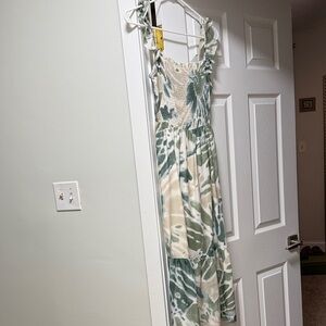 Green and Cream Floral Midi Dress